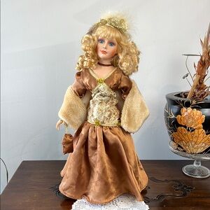 Vintage Victorian 18” Porcelain Doll Brown Dress Faux Fur Shawl Lace Feathers